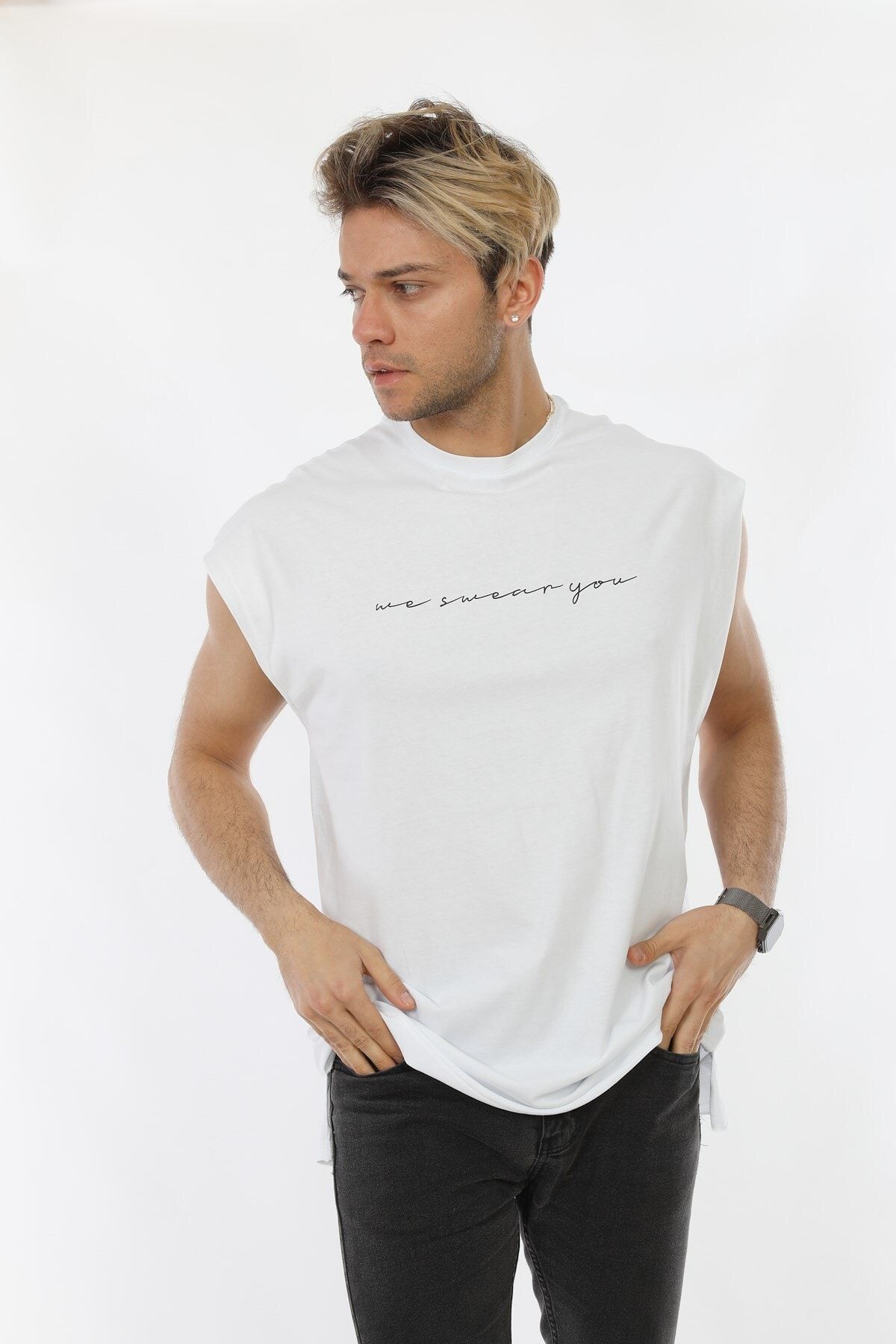 Karpefingo Erkek Kolsuz Baskili Beyaz Tshirt Trendyol