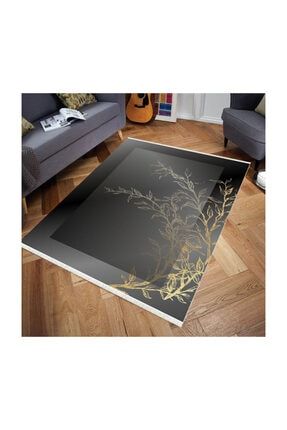 Dijital Baskı Gold Ağaç Desen Siyah Halı CP-00046