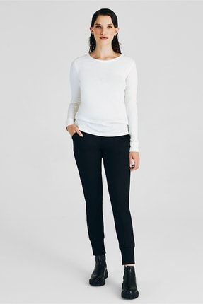 Kadın Yuvarlak Yaka Uzun Kol Ribana Örgü Kumaş Basic T-Shirt W1014