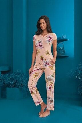 Kadın Pamuklu Pembe Çiçek Desenli Kısa Kollu T-shirt Pijama Takımı 4110 TY4110