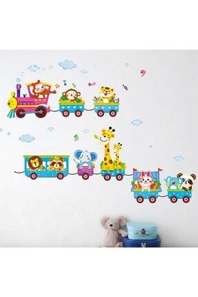 Neşeli Hayvanlar Treni Anaokulu Yuva Çocuk Bebek Odası Dekorasyonu Pvc Duvar Sticker Çıkartma SK-286