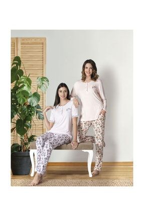 6364 Patlı Desenli Kısa Kollu Yazlık Kadın Pijama Takımı - Pudra PO-6364-CAG