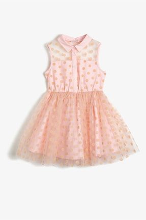 koton kids kiz cocuk pembe kahverengi puantiyeli elbise trendyol