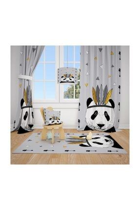 Cici Halı Gri Zemin Panda Ve Renkli Üçgenler Çocuk Bebek Odası Fon Perde 1 Kanat 140x260 25
