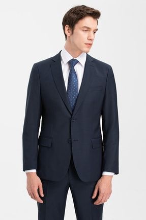 Dar Kesim Koyu Mavi %88 Yün Takım Elbise - H106119
