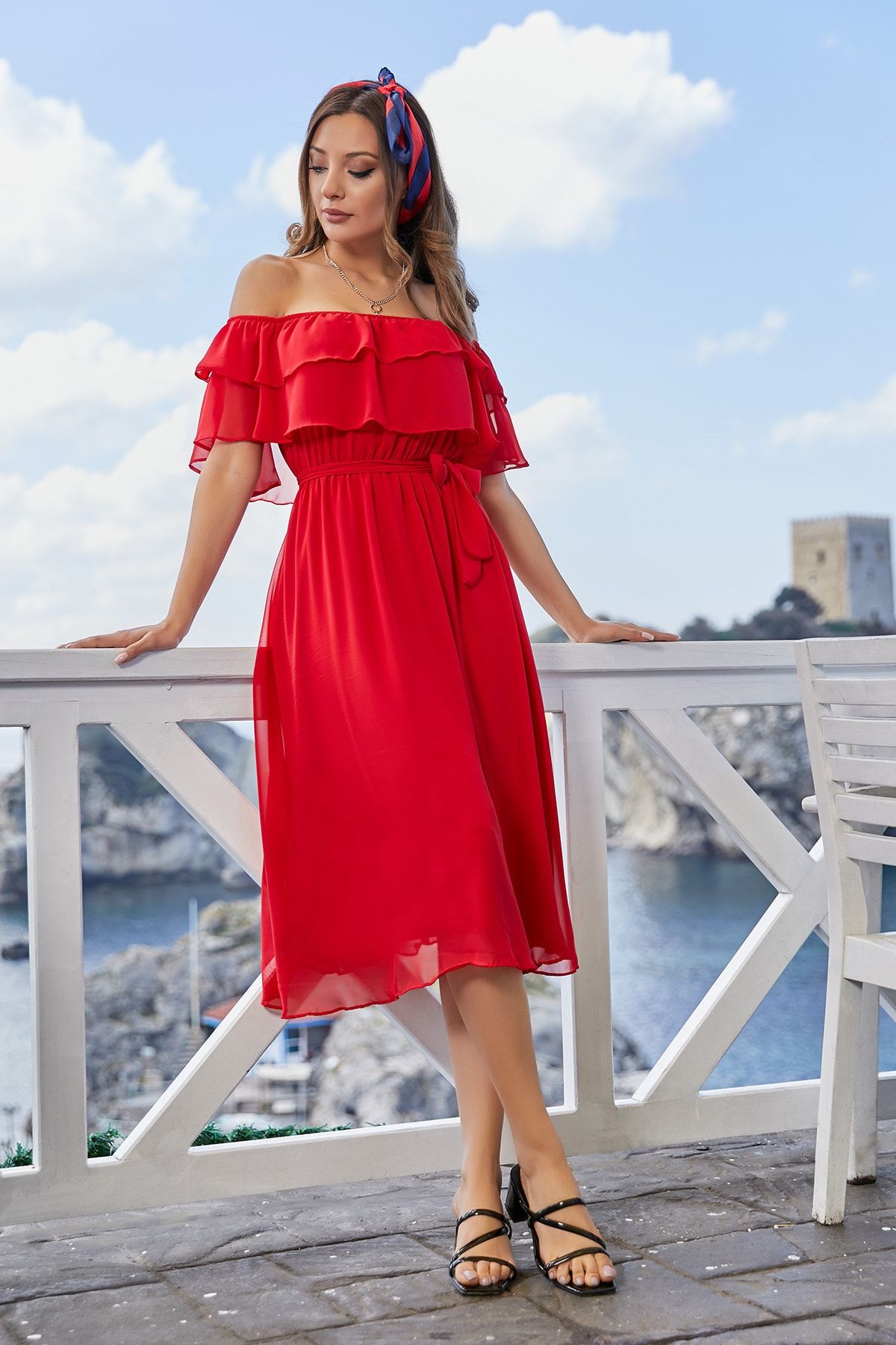 Sateen Kadin Kirmizi Omuz Acik Volanli Midi Sifon Elbise Stn345kel101 Trendyol