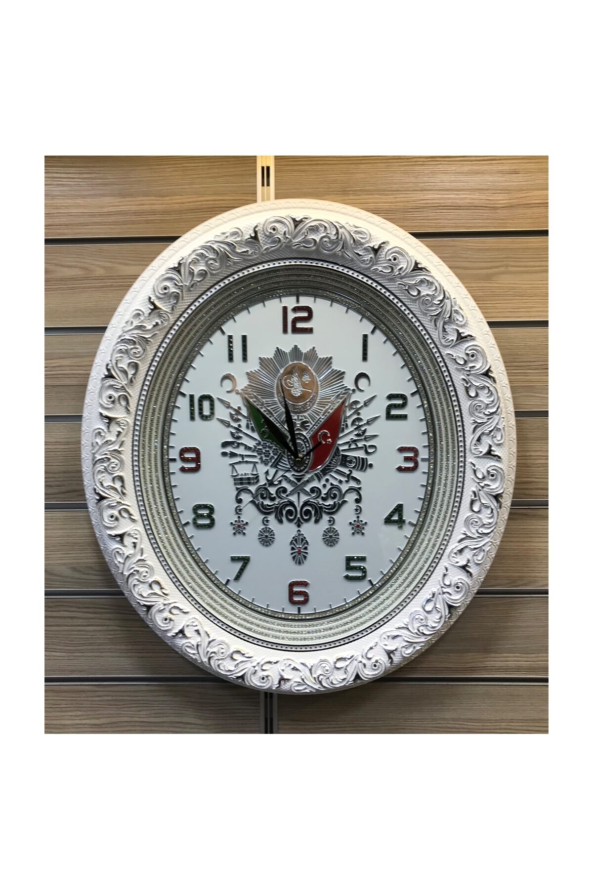 YEMENLİ Osmanlı Devlet Arması Saat Tam Taşlı Beyaz - Osmanlı Tuğralı Saat - 52x60