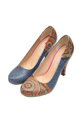 Blue Mosaics Tasarım Baskılı Vegan High Heels Topuklu Kadın Ayakkabı dghh018-2003