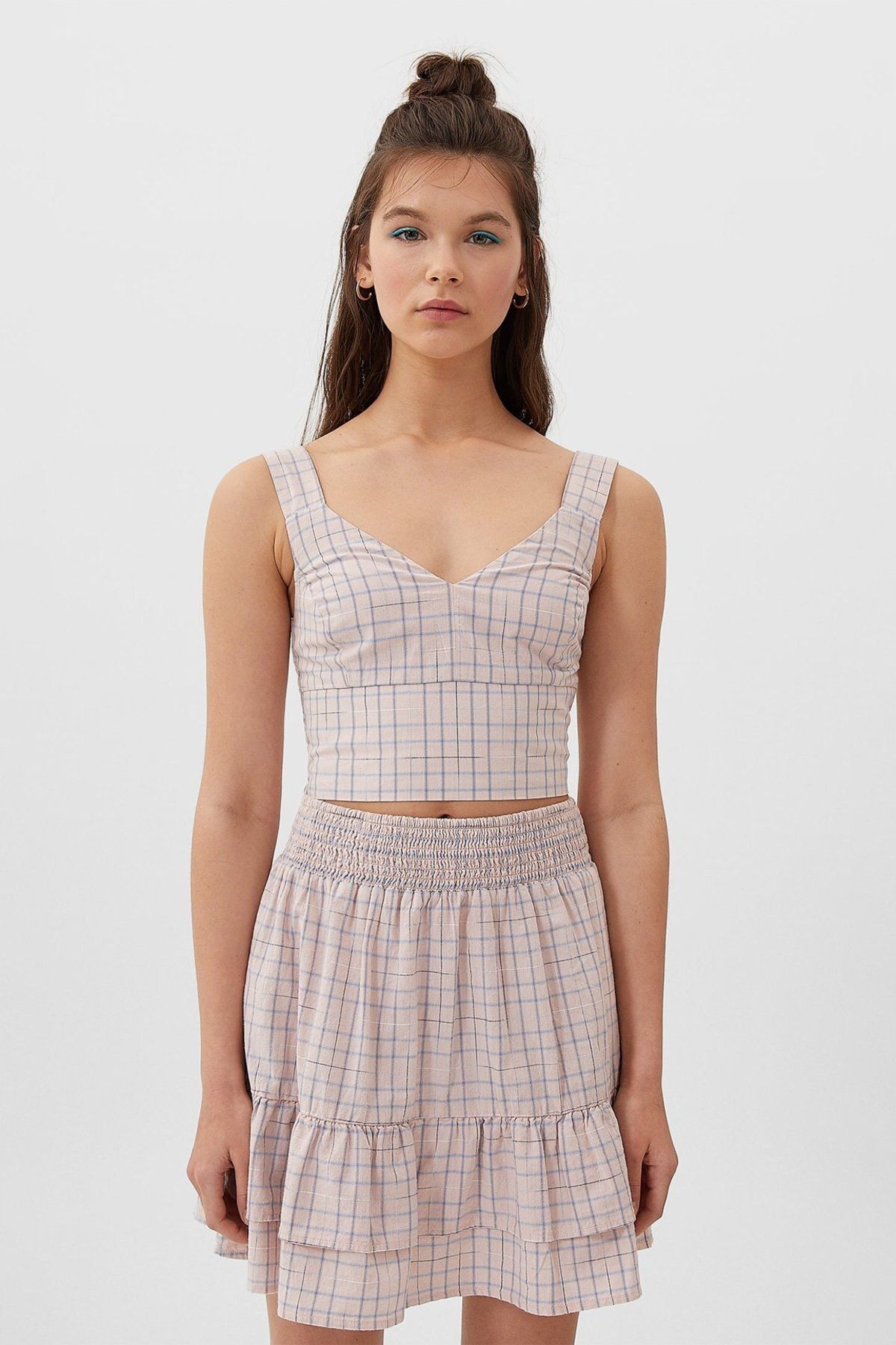 Stradivarius Kadin Pembe Kareli Crop Top 07157160 Trendyol