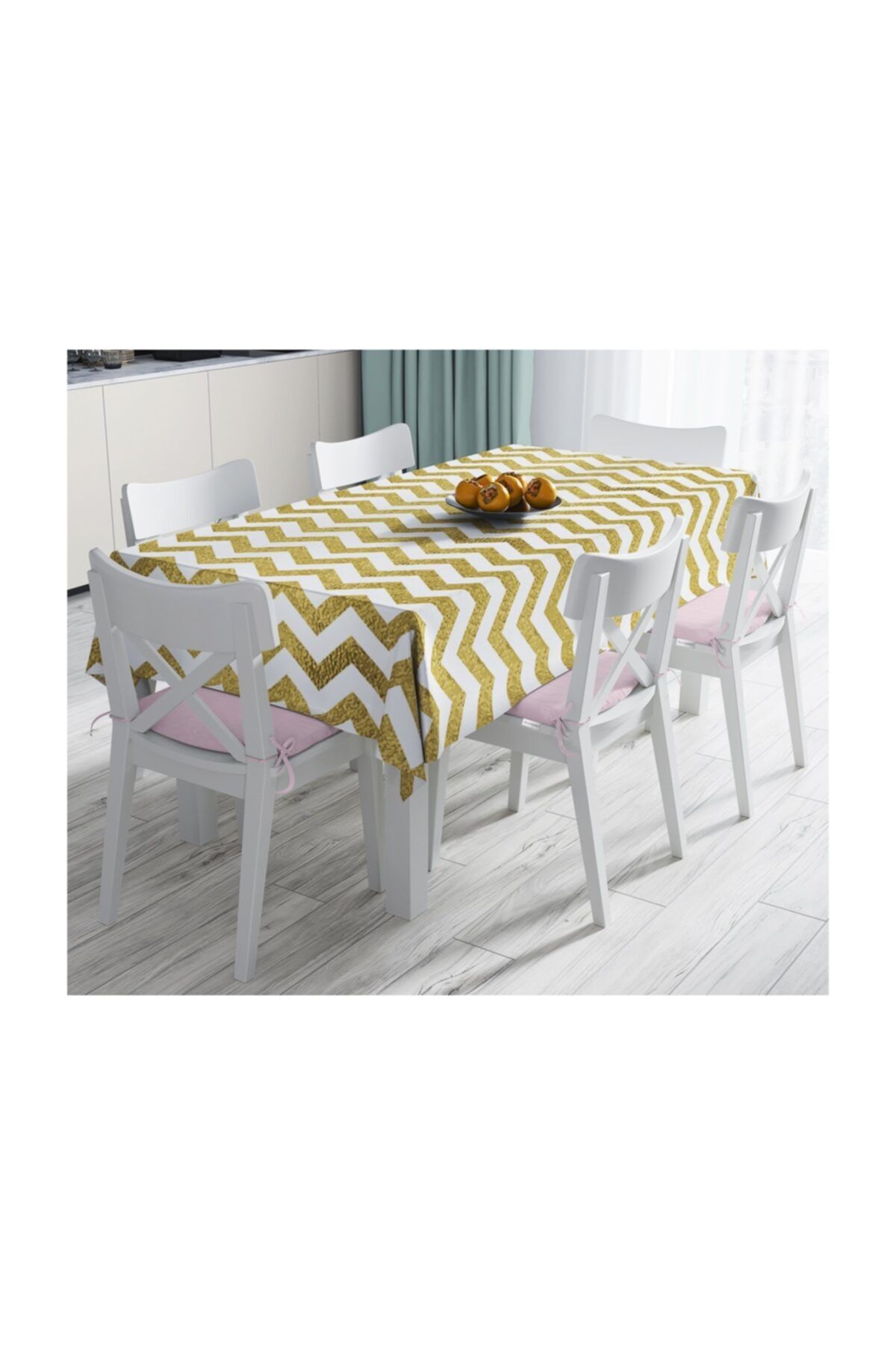 Realhomes Zigzag Altın Kabartma Desenli Modern Tasarımlı Leke Tutmaz Masa Örtüsü-140x220 cm