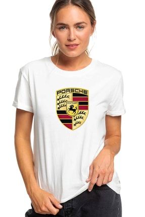 Porsche Logo Baskılı Beyaz Kadın Tshirt BGA0657KDNTS