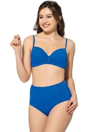 Düz Renkli Geniş Yüksek Bel Bikini 5010 Saks Argisa-5010