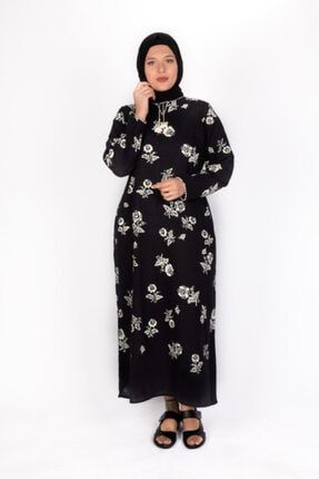 Kadın Siyah Şile Bezi Baskılı Uzun Kol Elbise 0450