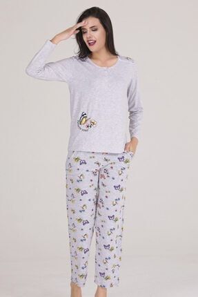 Chiser Kadın 4 Düğmeli Kelebek Nakışlı Omzu Dantelli Gri Örme Pijama Takımı 021541