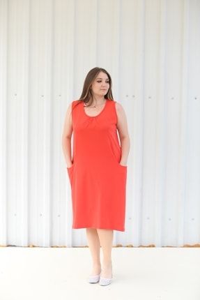 Kadın, Kırmızı Tekrenk, Cep Detaylı, Büyük Beden Elbise MGSTCEP01