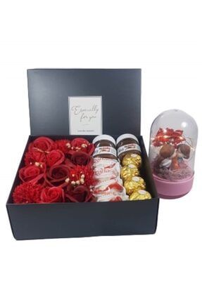 Sevgiliye Hediye Kırmızı Gü Karışık Çikolata Işıklı Romantik Sevgili Fanus Hediye Set HAN-KAG-0176