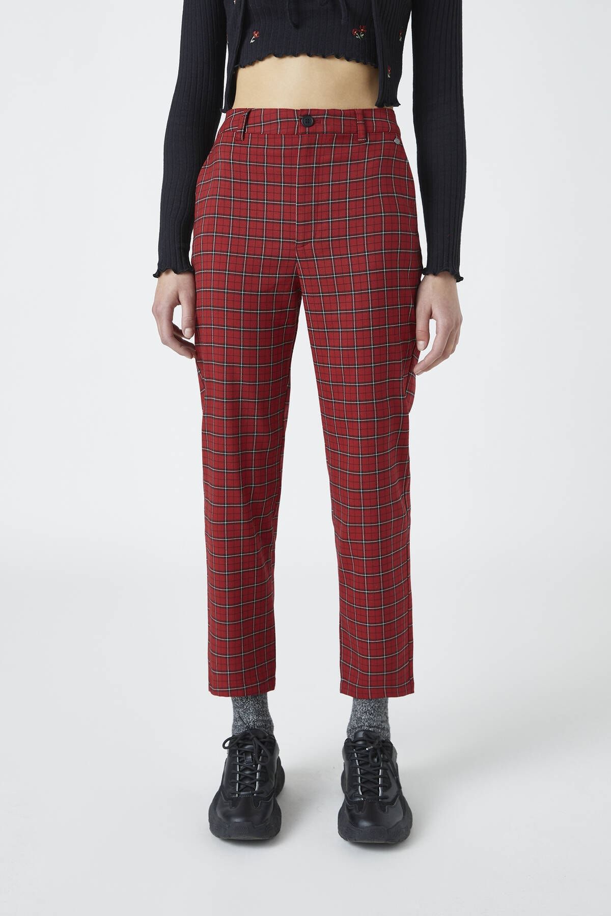 Pull Bear Kadin Koyu Kirmizi Kirmizi Kareli Pantolon 09678331 Trendyol