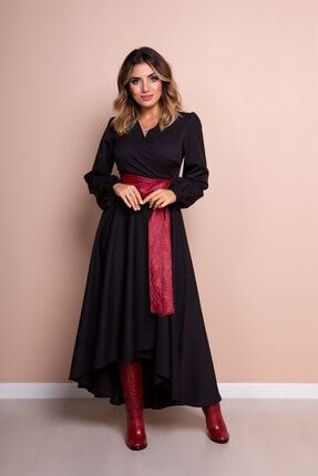 Kadın Bordo Deri Kemerli Siyah Uzun Kol Asimetrik Kesim Elbise 210-SYH-BRDKMR