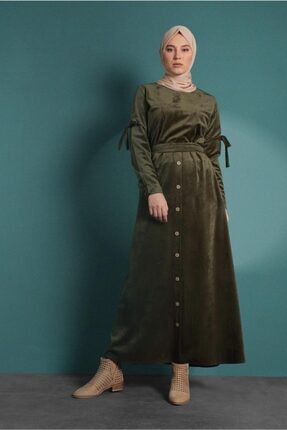 Kadın Haki Beli Kuşaklı Kadife Elbise 1932 20KELBTR1932