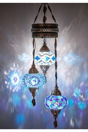 Mozaik Lamba Osmanlı Otantik Renkli Camlı El Yapımı Boho Sarkıt Avize, 3 Büyük Cam, 100cm, Mavi demmexavize320