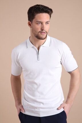 Beyaz Polo Yaka Fermuarlı %100 Pamuk Erkek Triko T-shirt 4143-KF