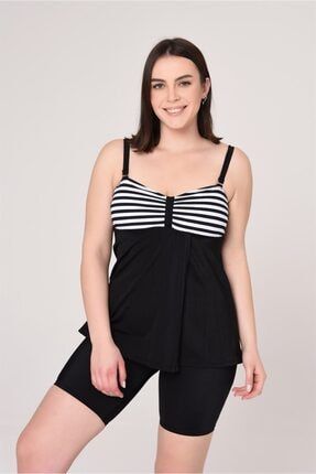 Kadın Siyah Ince Çizgili Kruvaze Detaylı Şortlu Tankini 21345876