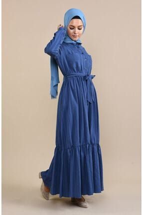 Kadın İndigo Cepli Boydan Düğmeli Kuşaklı Elbise 1009