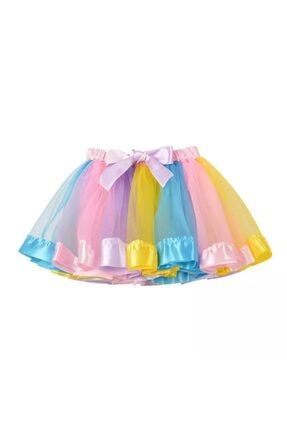 Kız Çocuk Rengarenk Gökkuşağı Unicorn Kabarık Tüllü Etek elbise594-6