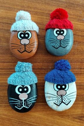 Kedi Figürlü Magnet, Şapkalı Kedi Taş Boyama Buzdolabı Magneti 4'lü Set dop10651467igo