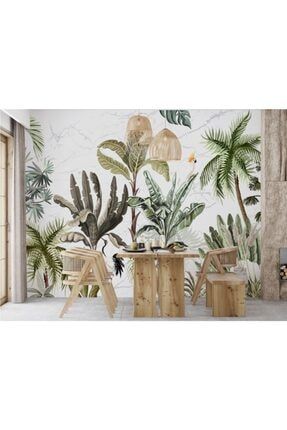 3d Papağan Ve Palmiye Ağaç Desenli Tropikal Duvar Kağıdı MUR2346