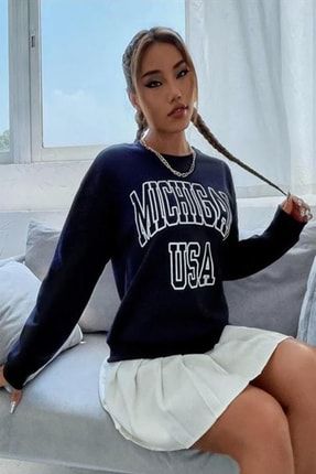 Kadın Lacivert Oversize Mıchıgan Usa Baskılı Sweatshirt AFRO-0062