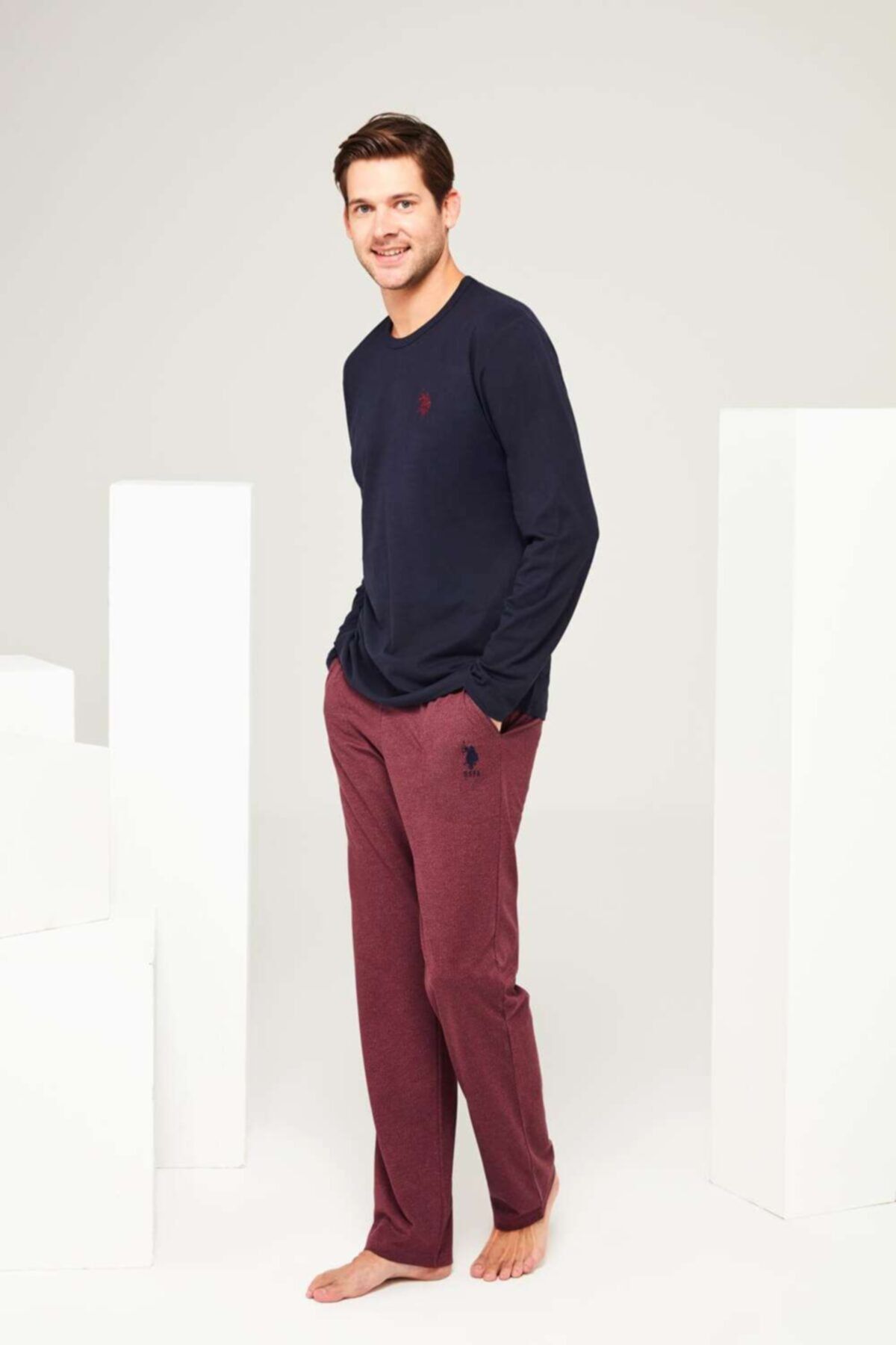 U.S. Polo Assn. ست لباس خواب یقه گرد مردانه آبی سرمه ای