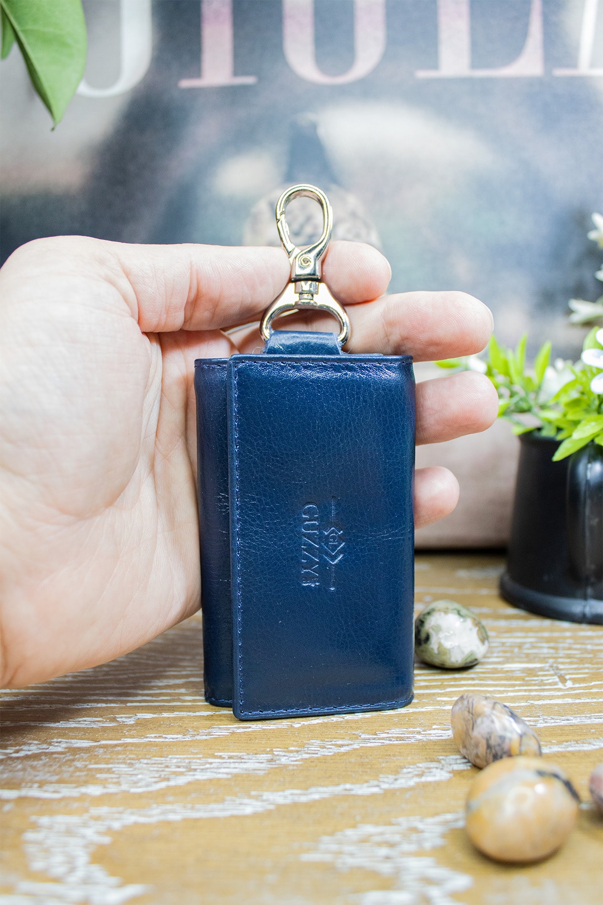 Navy Blue Genuine Leather Belt Bridge Strap Keychain