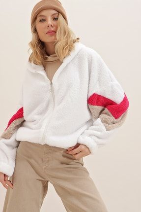 Kadın Beyaz Kapüşonlu Fermuarlı Kolları Renk Bloklu Oversize Peluş Sweatshirt ALC-547-001
