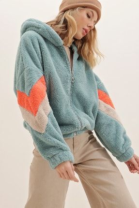Kadın Mint Kapüşonlu Fermuarlı Kolları Renk Bloklu Oversize Peluş Sweatshirt ALC-547-001