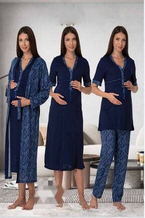 Kadın Lacivert Pijama Takımı Gecelik Sabahlık Lohusa Hamile 4'lü Set TYC00253497275