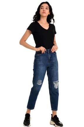 Kadın Koyu Mavi Lazerli Yırtık Dar Kalıp Denim Jeans Kot Pantolon TYC00130312569
