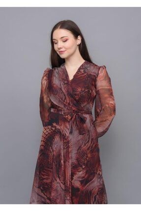 Kadın Kiremit Şifon Kumaş Desenli V Yaka Balon Kol Kuşak Bağlamalı Uzun Elbise ELB00000000144