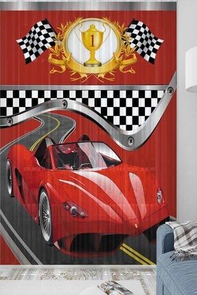 Else Kırmızı Yarış Arabalı Desenli Dekoratif Çocuk Bebek Tül Fon Perde elsecoctulpm124