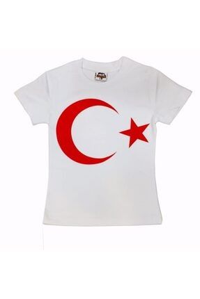 Ay-yıldız-baskılı T-shirt Kısa Kollu 5-6-7-8-9-10-11-12-13-yaş-s-m-l-xl-beden %100 Pamuklu AY-YILDIZ-BEYAZ-KS