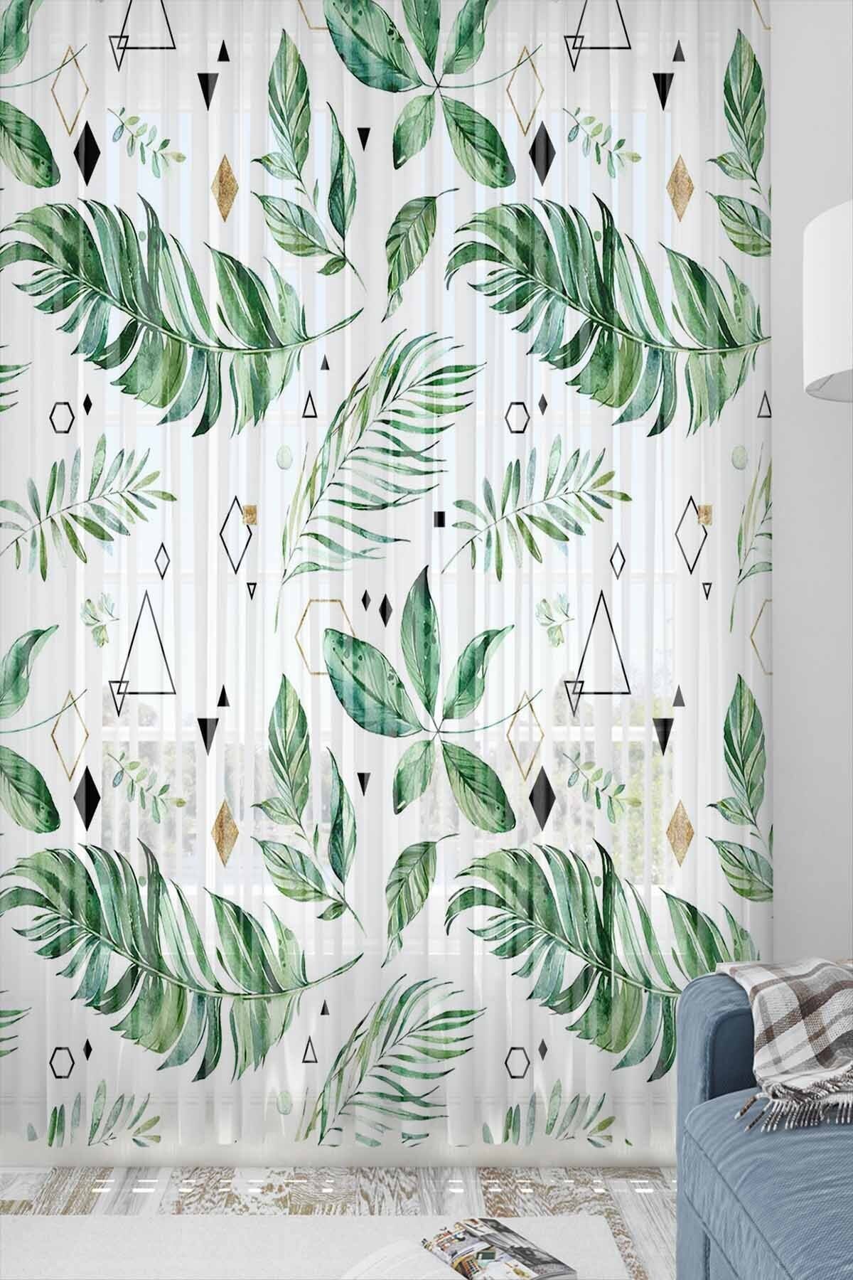 Osso Halı Osso Yeşil Tropik Yapraklar Desenli Dekoratif Modern 3d Tül Fon Perde