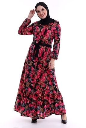 Kadın Uzun Kol Çiçekli Kemerli Tesettür Elbise 5037 NESS-5037YSL