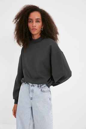 TRENDYOLMİLLA Antrasit Kalın İçi Polarlı Yarım Balıkçı Yaka Relaxed/Rahat Kalıp Örme Sweatshirt TWOAW20SW0584