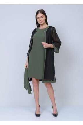 Kadın Haki Double Kumaş Elbise Fitilli Işlemeli Tül Ceket Ikili Takım TKM00000000022