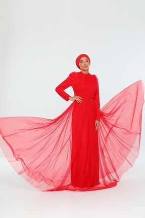 Omuzu Tüylü Piliseli Tül Abiye Elbise - Kırmızı 2020