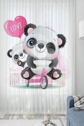 Osso Bisikletli Pandalar Desenli Dekoratif Çocuk Bebek Tül Fon Perde Ossococtulpm151