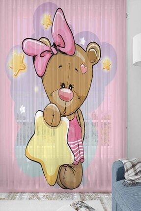Yıldızlı Kız Ayıcık Desenli Dekoratif Çocuk Bebek Tül Fon Perde Ossococtulpm110