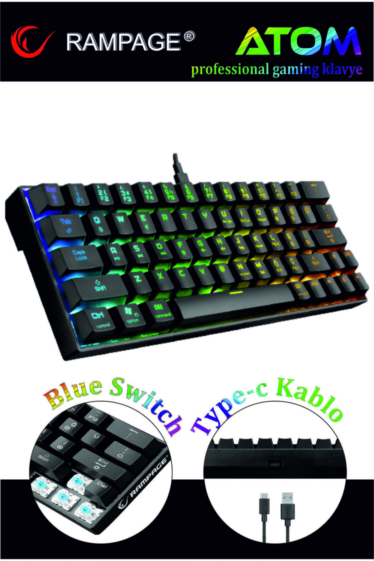 Blue Switch Kb-rx63 Atom Siyah Type-c Rgb Backlight Mekanik Gaming Oyuncu Klavyesi