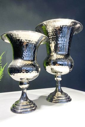 2'li Gümüş Renk Büyük Ve Orta Boy Vazo Antik Kupa Şekil Özel Tasarım Dekoratif Masa Ve Yer Vazoları E1VD2E55