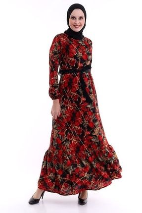 Kadın Uzun Kol Çiçekli Kemerli Tesettür Elbise 5037 NESS-5037YSL